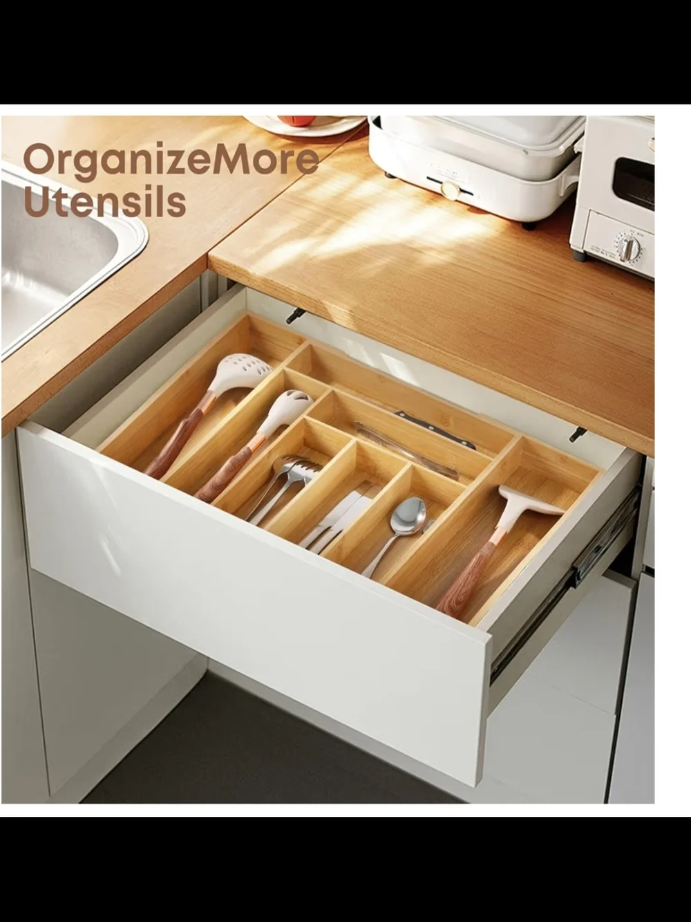 Bamboo Silverware Organizer - Natural Bamboo Expandable Utensil Tray New